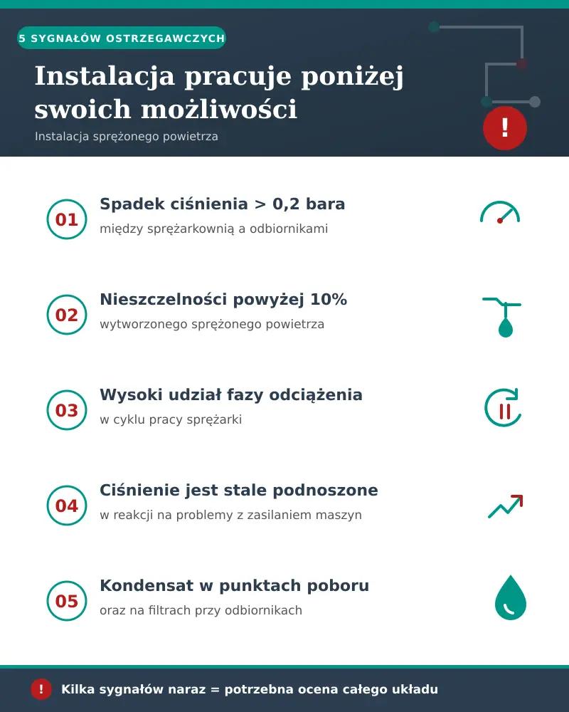 Sygnały spadku efektywności instalacji sprężonego powietrza – spadek ciśnienia, nieszczelności, odciążenie i kondensat.